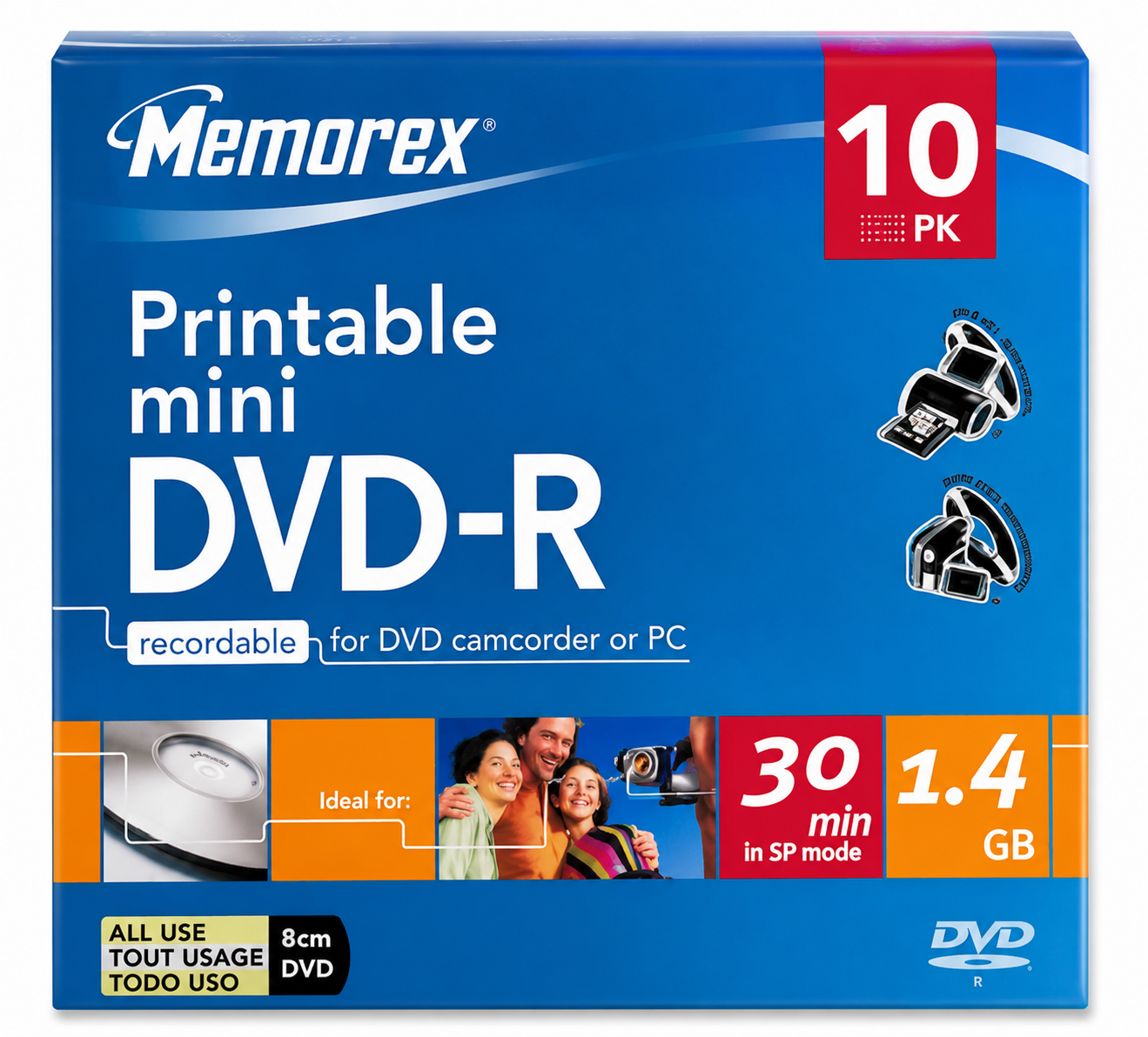 PACK C/10 MINI DVD-R IMPRIMÍVEL MEMOREX 21´ 8CM 1.4GB 30´ 851113-10C