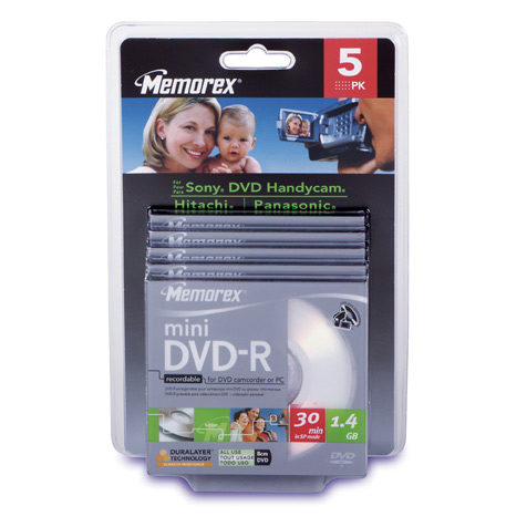 PACK C/05 MINI DVD-R MEMOREX 21´ 8CM 1.4GB 30´ 841114-05