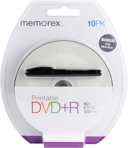 DVD+R 4.7GB 16X MEMOREX CAKE C/10 IMPRIMIVEL + MARCADOR DVD MED1610P+