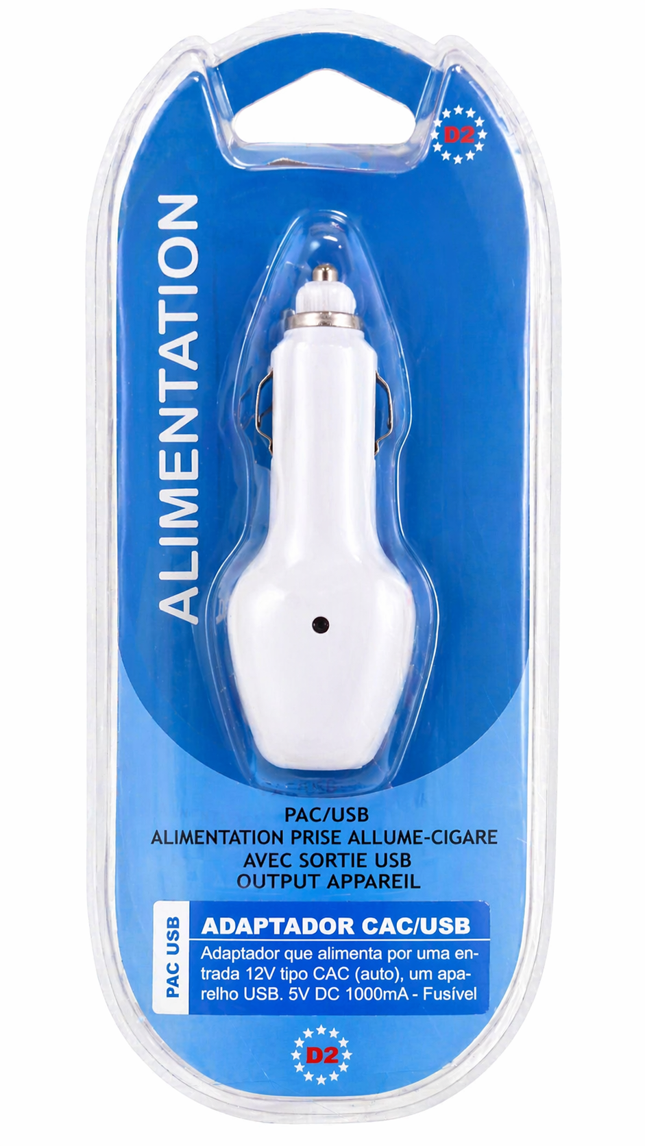 CARREGADOR CARRO/ISQUEIRO CAC 12V/USB 5V DC 1000mA LED D2 PAC/USB