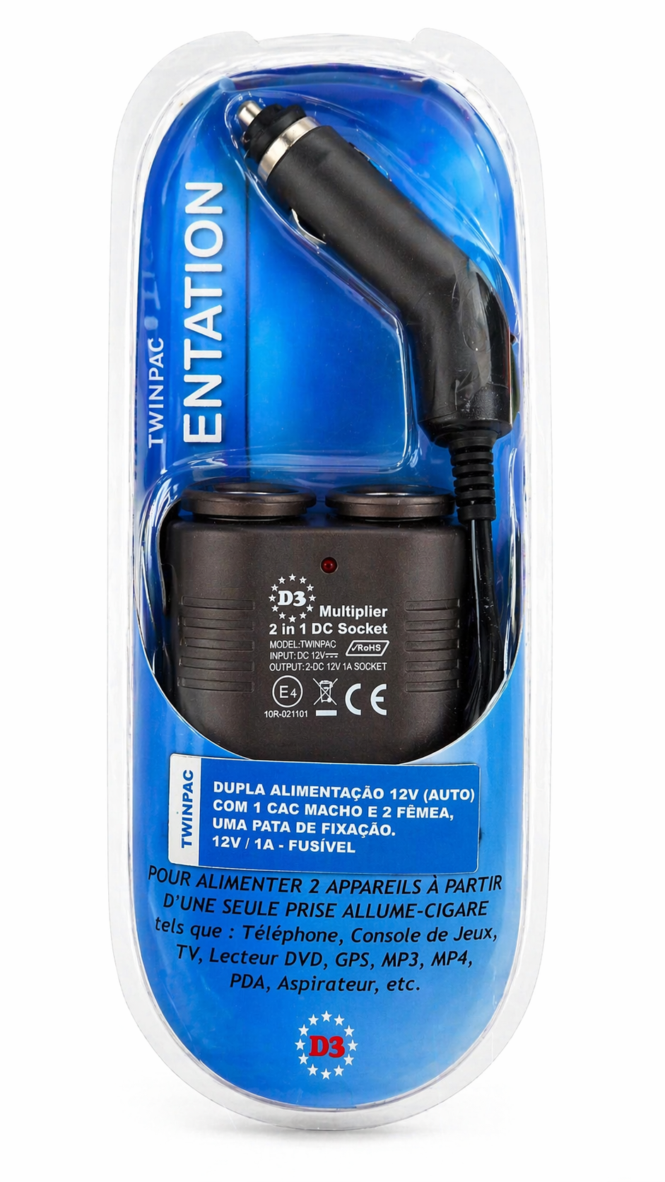 CARREGADOR CARRO/ISQUEIRO C/1 CAC MACHO E 2 FÊMEA C/FIXAÇÃO 12V/1A D2 TWINPAC