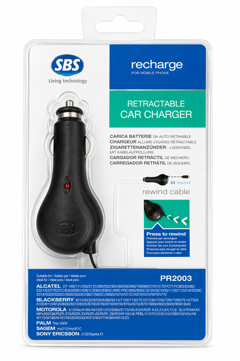 CARREGADOR CARRO/ISQUEIRO RETRÁTIL C/LED P/TELEMOVEL SBS PR-2003