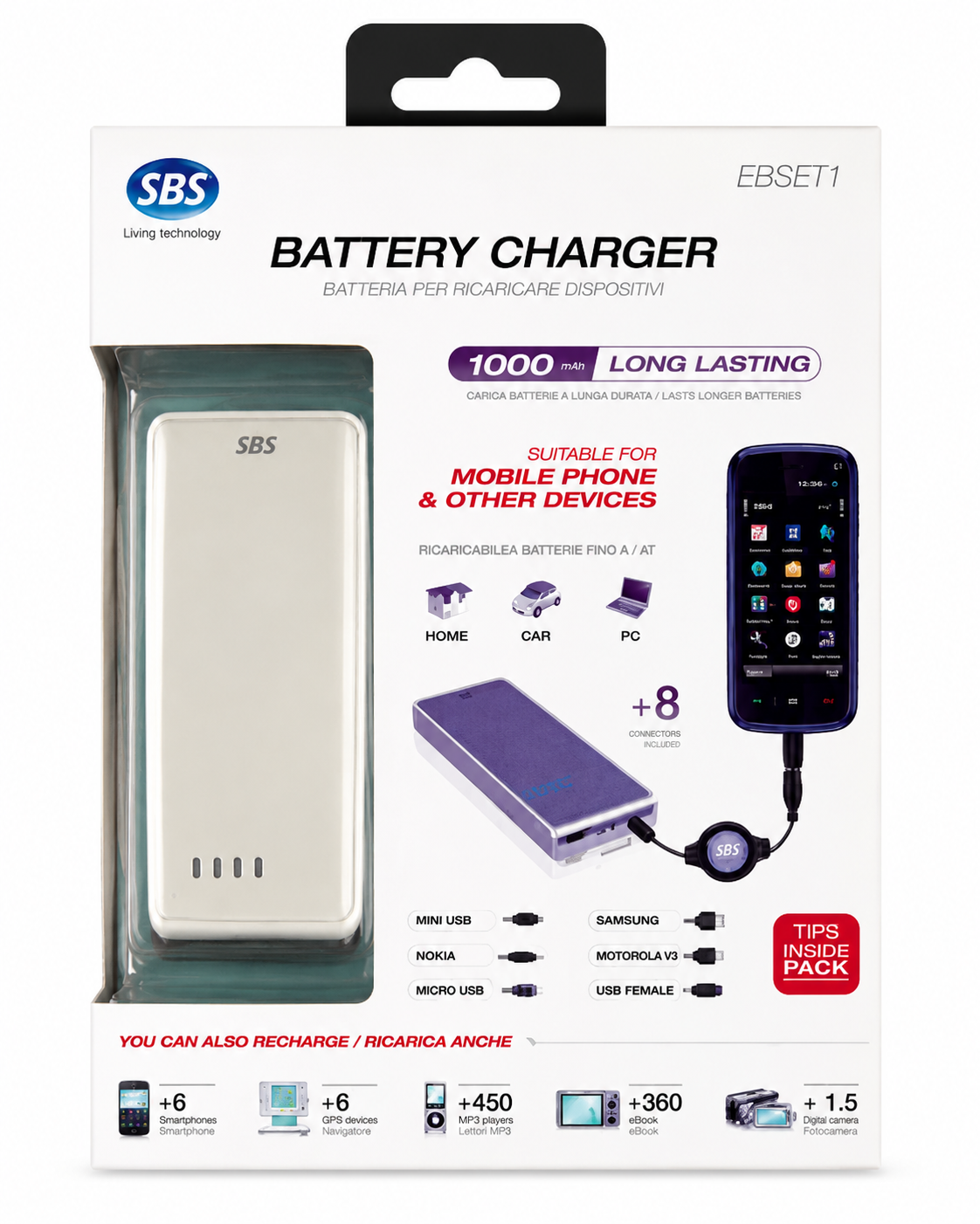 POWER BANK 1.000mAh C/6FICHAS MINI+MICRO+FÊMEA USB/NOKIA/SAMSUNG/NINT SBS BBSET1
