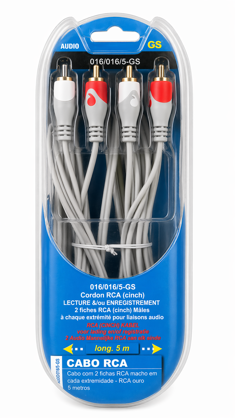 CABO AUDIO 2+2 FICHAS RCA MACHO OURO 5 METROS LEITURA+REGISTO 016/016/5-GS 89002