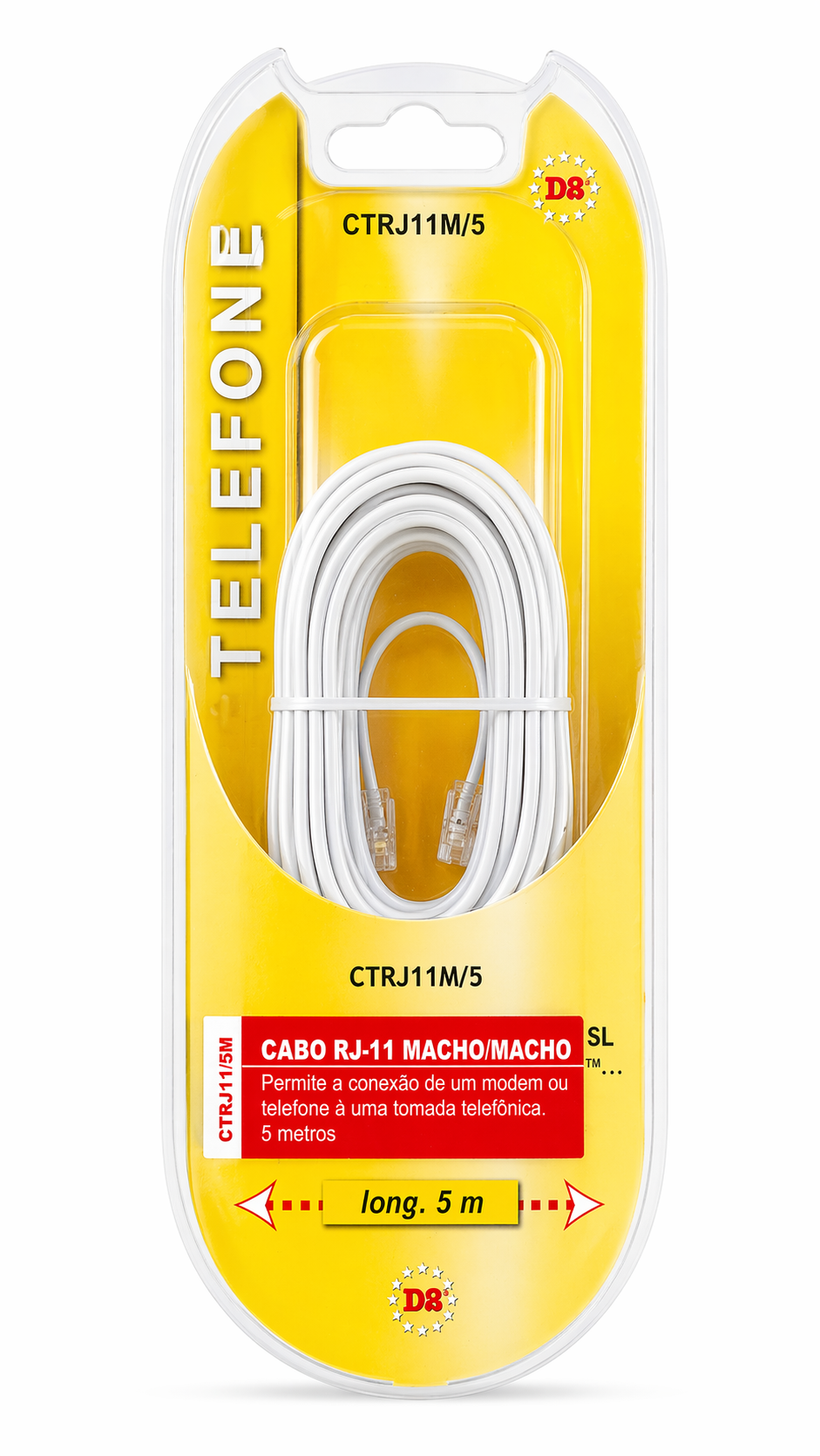 CABO RJ11 5.0M MCHO/MACHO P/LIGAR MODEM/TELEFONE À TOMADA TELEFÓNICA D2 CTRJ11M