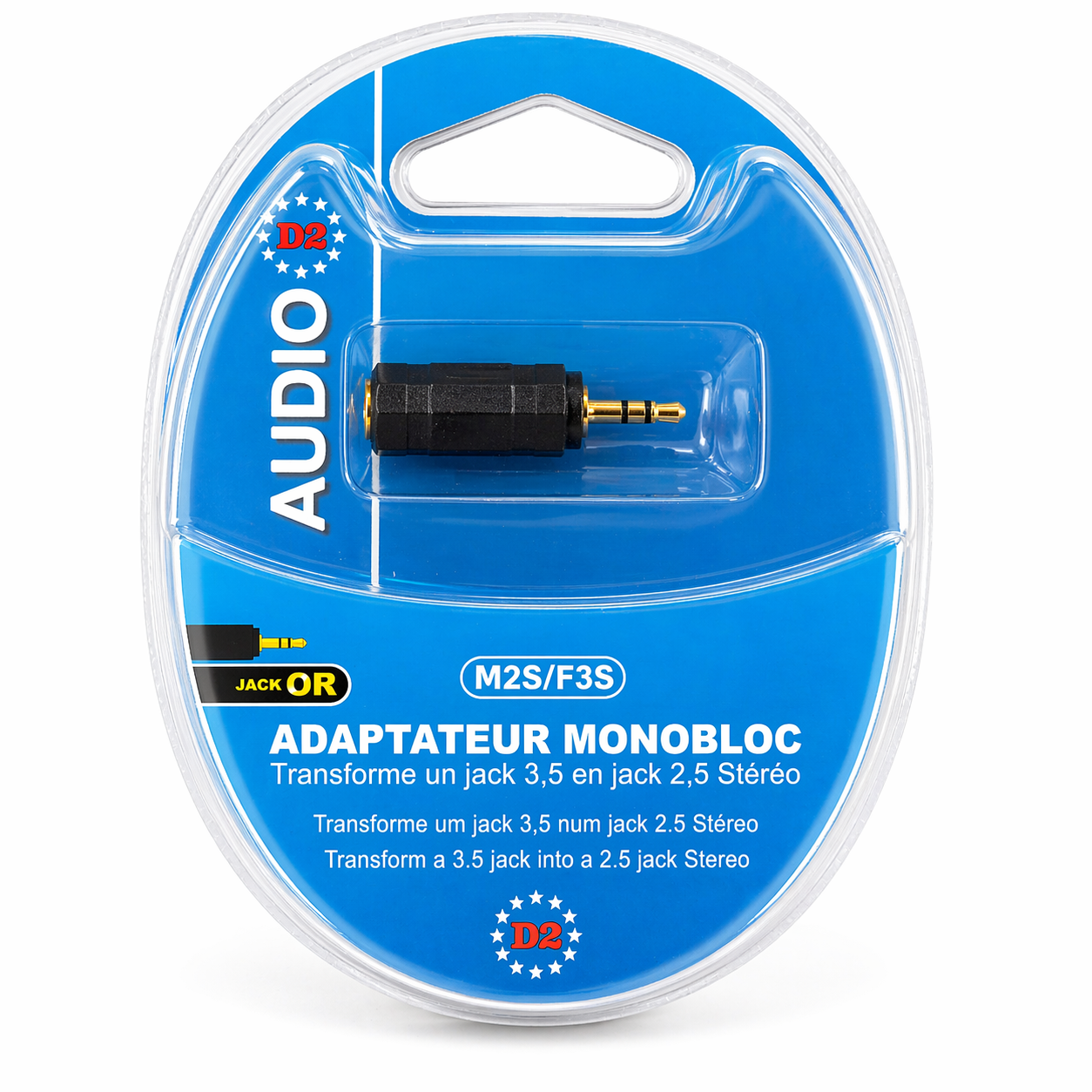 ADAPTADOR MONOBLOCO AUDIO STEREO TRANSFORMA JACK Ø3.5 EM Ø2.5 D2 M2S/F3S