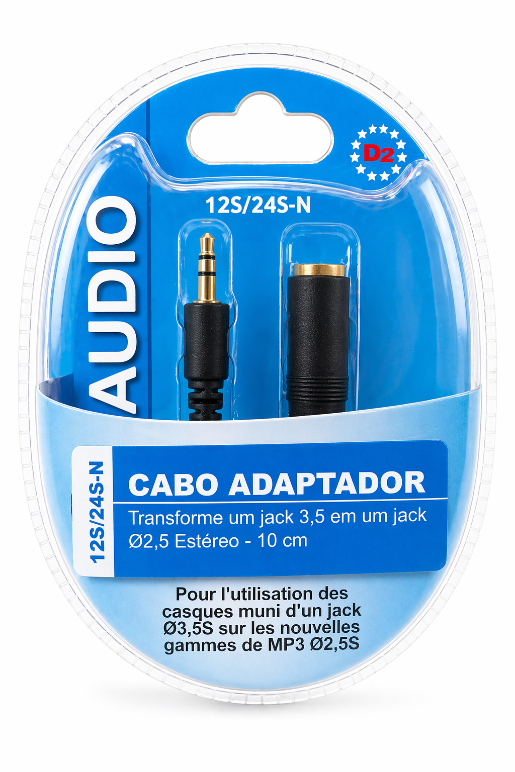 ADAPTADOR MONOBLOCO STEREO TRANSFORMA JACK Ø3.5 EM Ø2.5 10CM D2 12S/24S-N