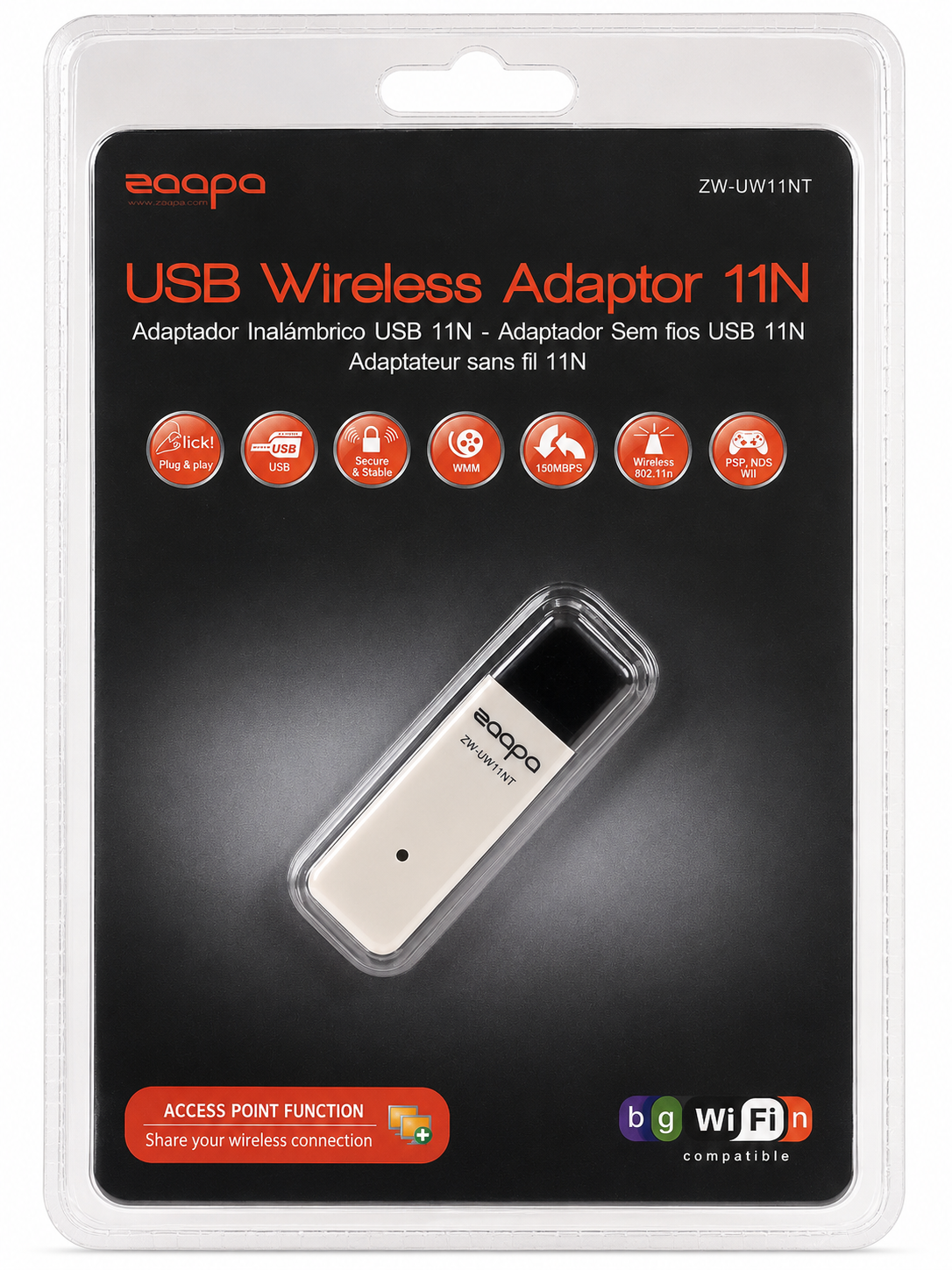 ADAPTADOR WIRELESS USB 2.0 150MBPS WMM REDE SEM FIOS 802.11N ZAAPA ZW-UW11NT