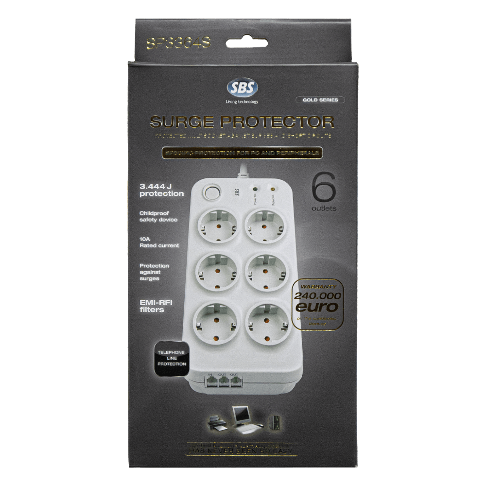 EXTENSÃO 06 TOMADAS+TELEFONE C/INTERRUPTOR+LED+PROTEÇÃO 3.444J 1.8M SBS SP3364S