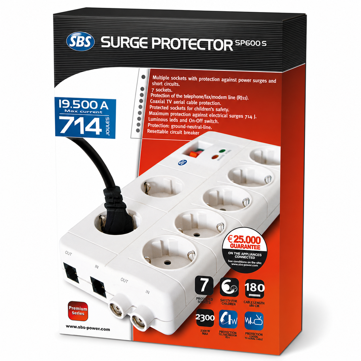 EXTENSÃO 07 TOMADAS C/INTERRUPTOR+PROTEÇÃO 714J 19A 1.8M INTERRUPTOR LED ON/OFF