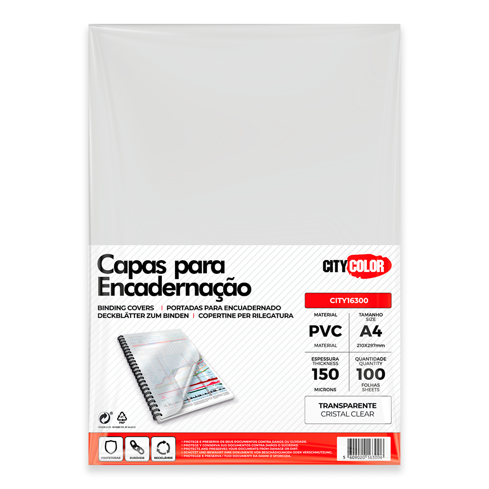 CAPA ENCADERNAR A4 150µ PACK C/100 CRISTAL CITY16300 0