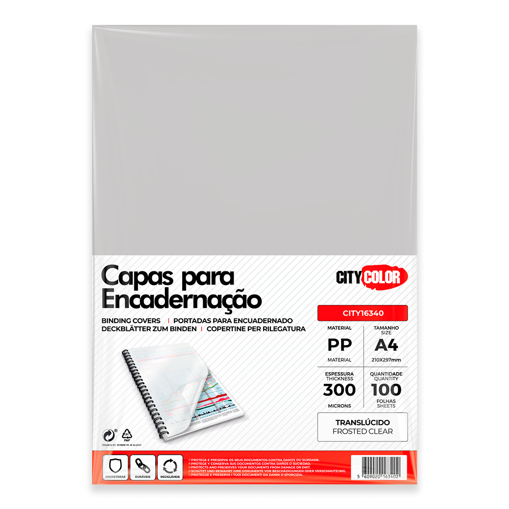 CAPA ENCADERNAR A4 300µ PACK C/100 TRANSLÚCIDO FROSTED CITY16340 0