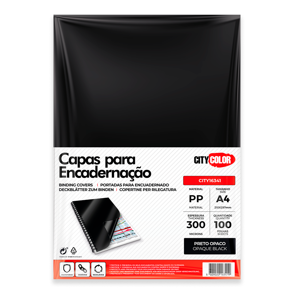 CAPA ENCADERNAR A4 300µ PACK C/100 PRETO OPACO CITY16341 0