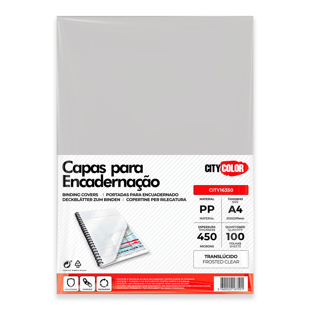 CAPA ENCADERNAR A4 450µ PACK C/100 TRANSLÚCIDO FROSTED CITY16350 0