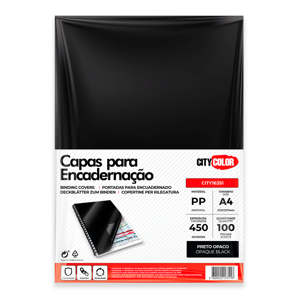 CAPA ENCADERNAR A4 450µ PACK C/100 PRETO OPACO CITY16351 0