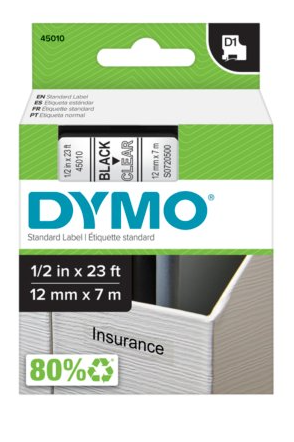 FITA DYMO 45010 D1 12MMX7M PRETA>TRANSPARENTE S0720500