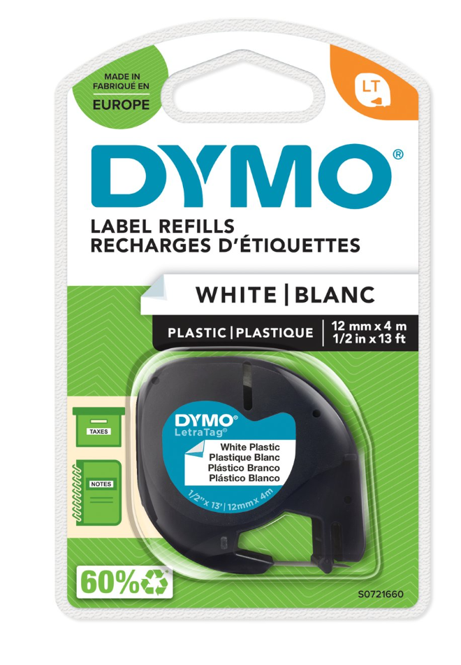 FITA DYMO 91201 TAG PLÁSTICA 12MMX4MT PRETA>BRANCA S0721610/S0721660