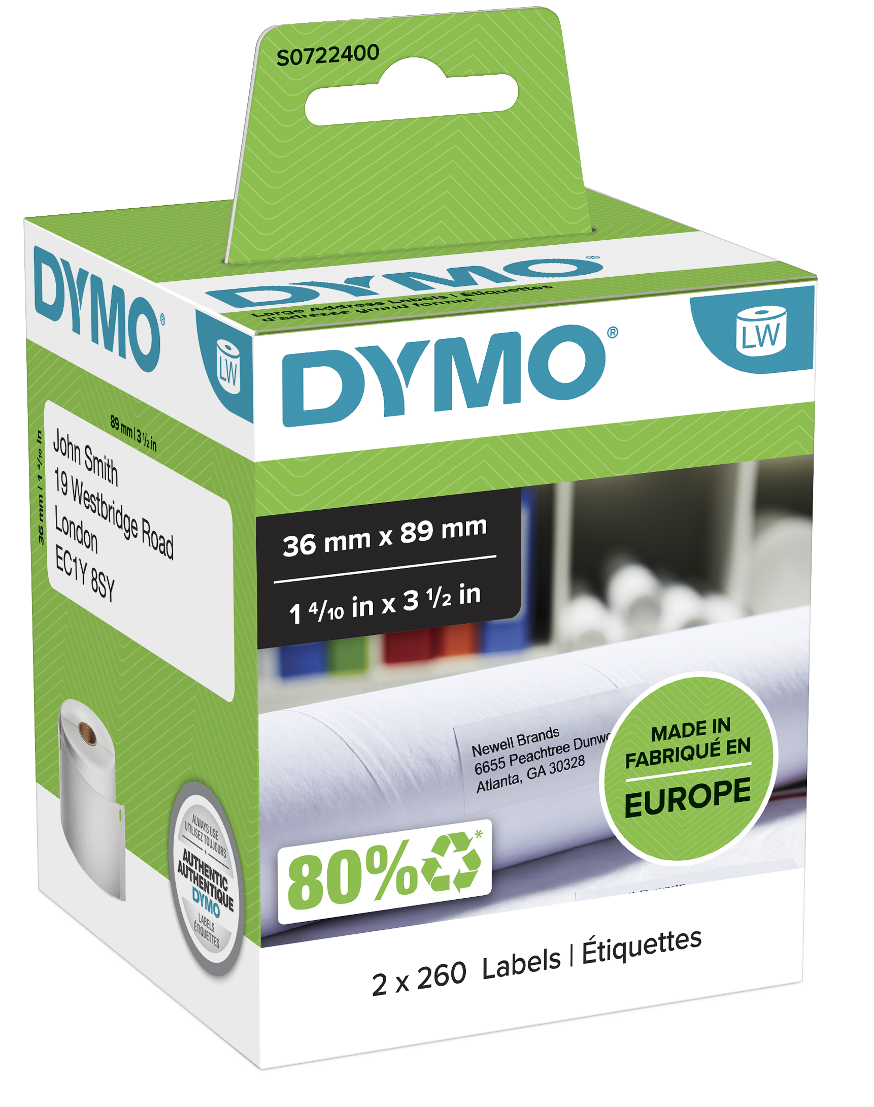 ETIQUETA DYMO PAPEL 89MMX36MM BRANCO ETIQ DIREÇÃO 2ROLOS (260 X 2) S0722400