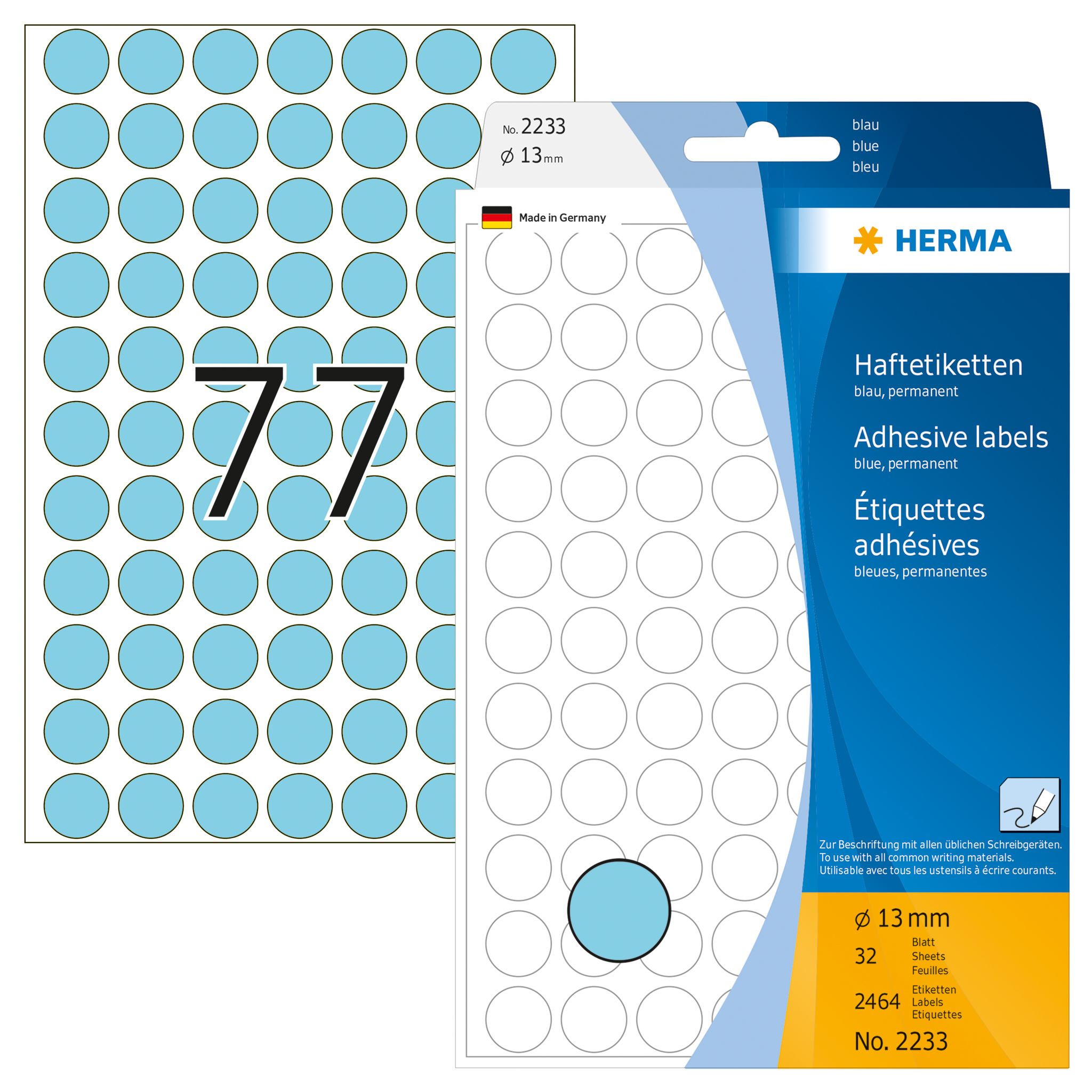 ETIQUETA HERMA REDONDA Ø13MM REF2233 AZUL 32FOLHAS 2464ETIQUETAS