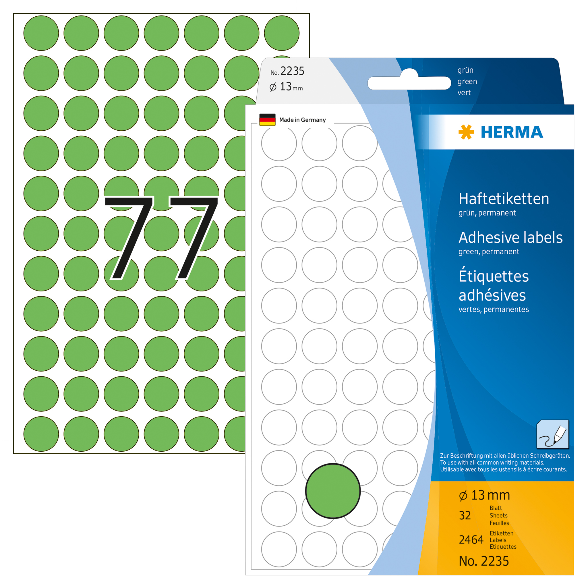 ETIQUETA HERMA REDONDA Ø13MM REF2235 VERDE 32FOLHAS 2464ETIQUETAS