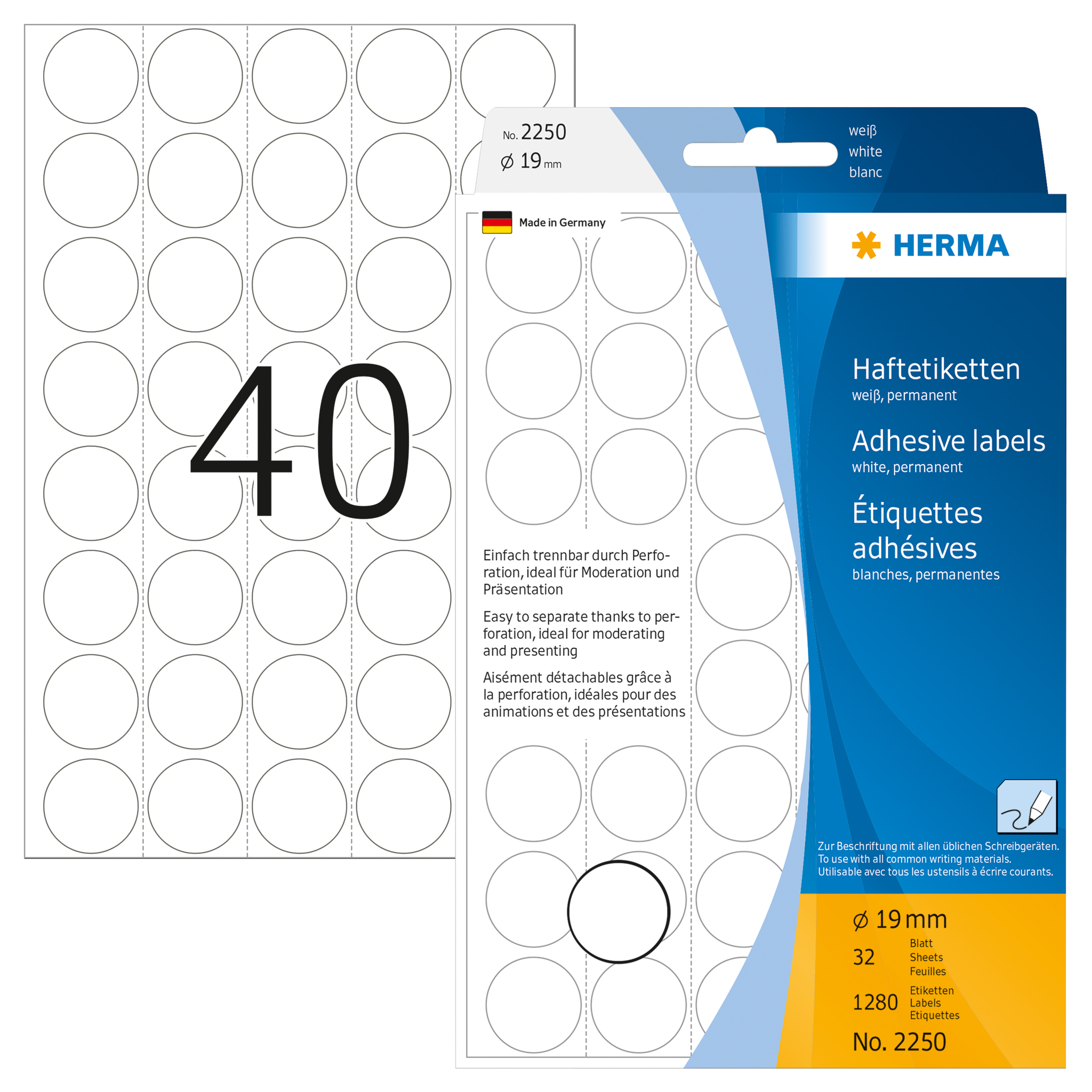 ETIQUETA HERMA REDONDA Ø19MM BRANCO 32FOLHAS 2250