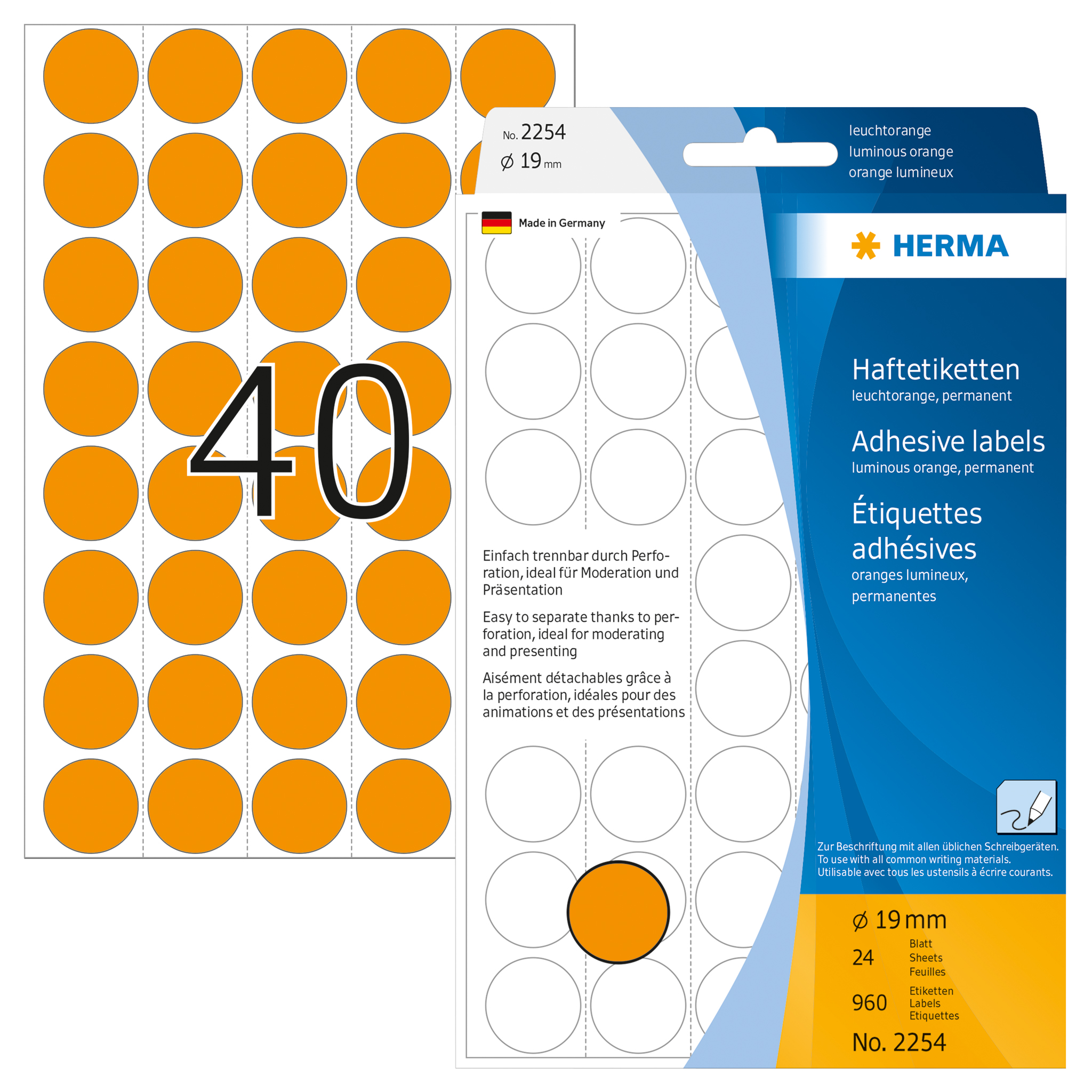 ETIQUETA HERMA REDONDA Ø19MM REF2254 LARANJA FLUOR 24FOLHAS 960ETIQUETAS