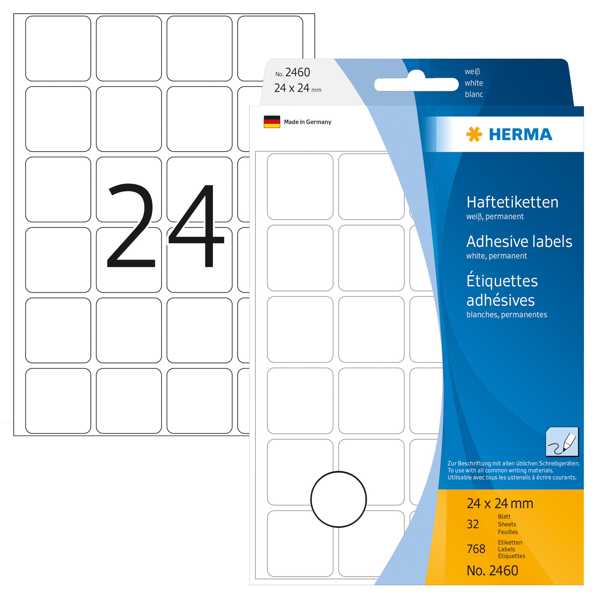 ETIQUETA HERMA BRANCO 32FOLHAS 2460 24X24 768ETIQUETAS