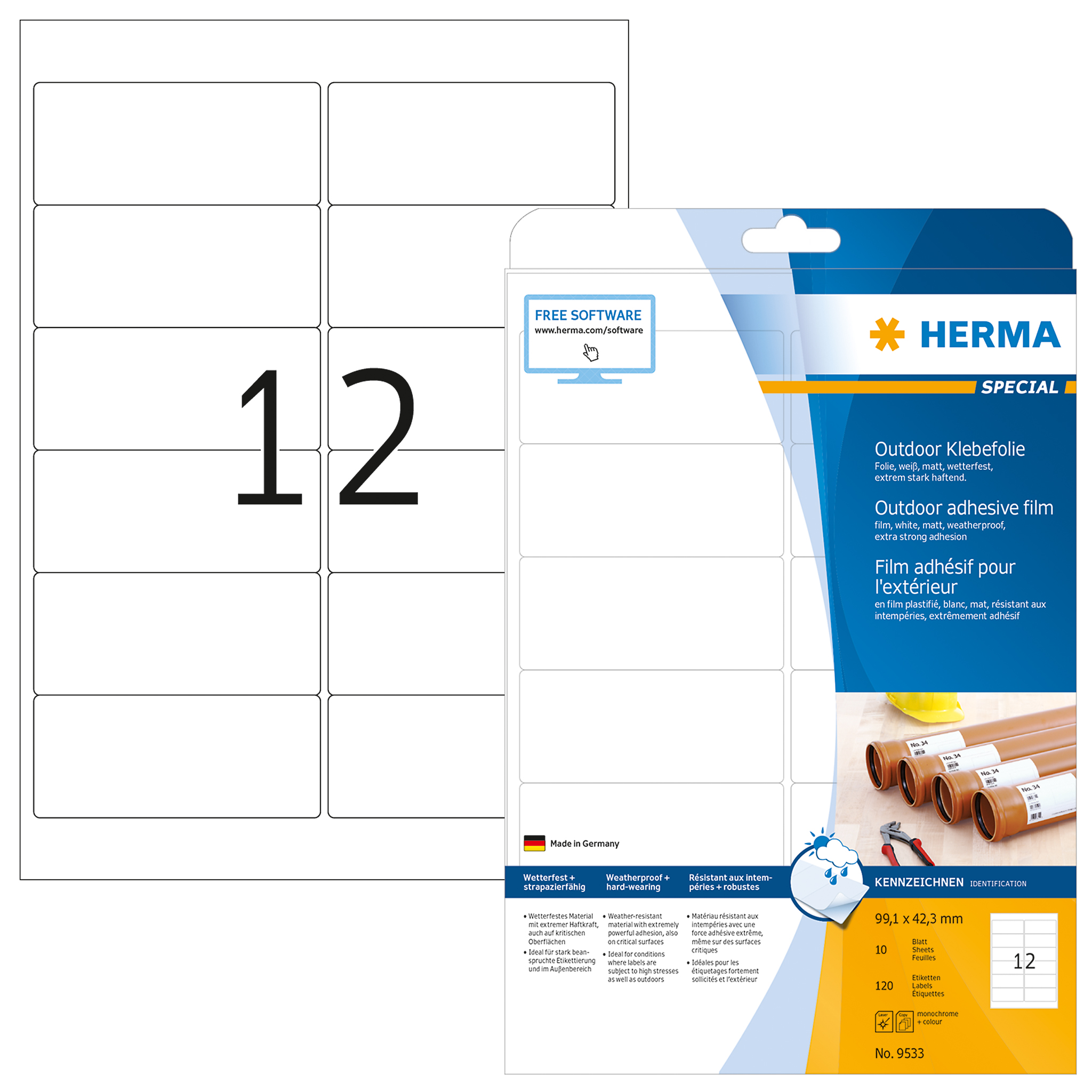 ETIQUETA HERMA POLYETILENO BRANCO 10FOLHAS A4/120 ETIQUETAS 99.1X42.3MM OUTDOOR