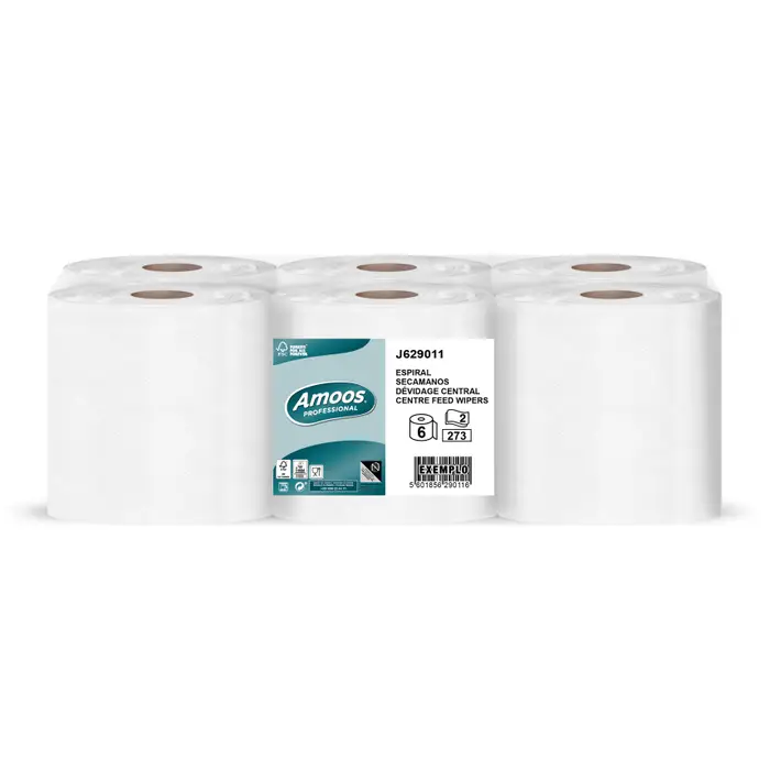 ROLO LIMPA MÃOS ESPIRAL FOLHA DUPLA PACK C/6 ROLOS AMOOS PROFISSIONAL 90M/S273
