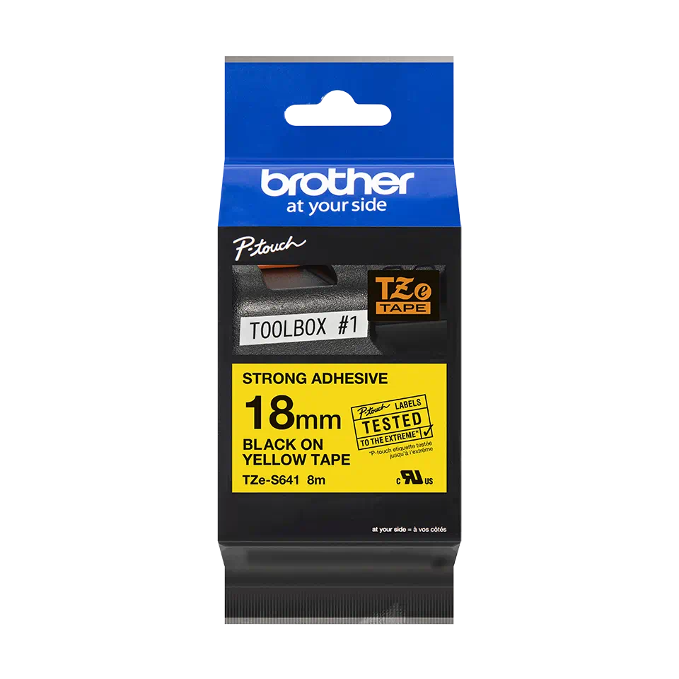 FITA BROTHER P-TOUCH AMARELO/PRETO SUPER-ADESIVA 18MMX8M TZE-S641