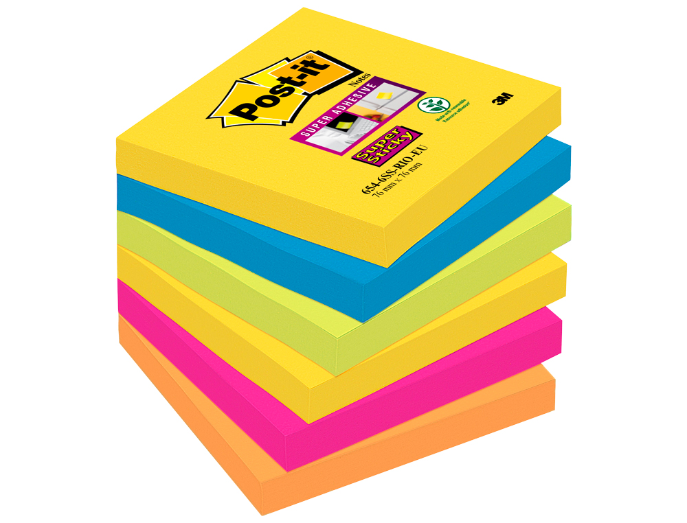 BLOCO DE NOTAS ADESIVAS POST-IT SUPER STICKY 75X75MM C/90 FOLHAS PACK 6 CORES