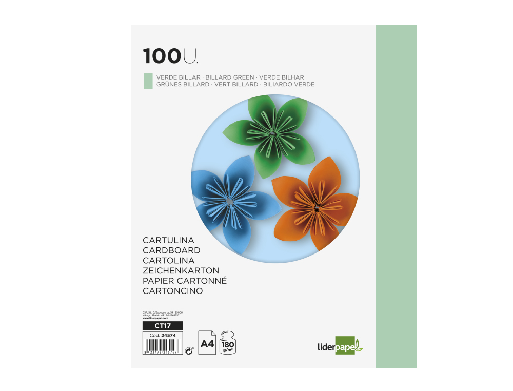 CARTOLINA 180GR A4 LIDERPAPEL PACK C/100FOLHAS VERDE CT17 1