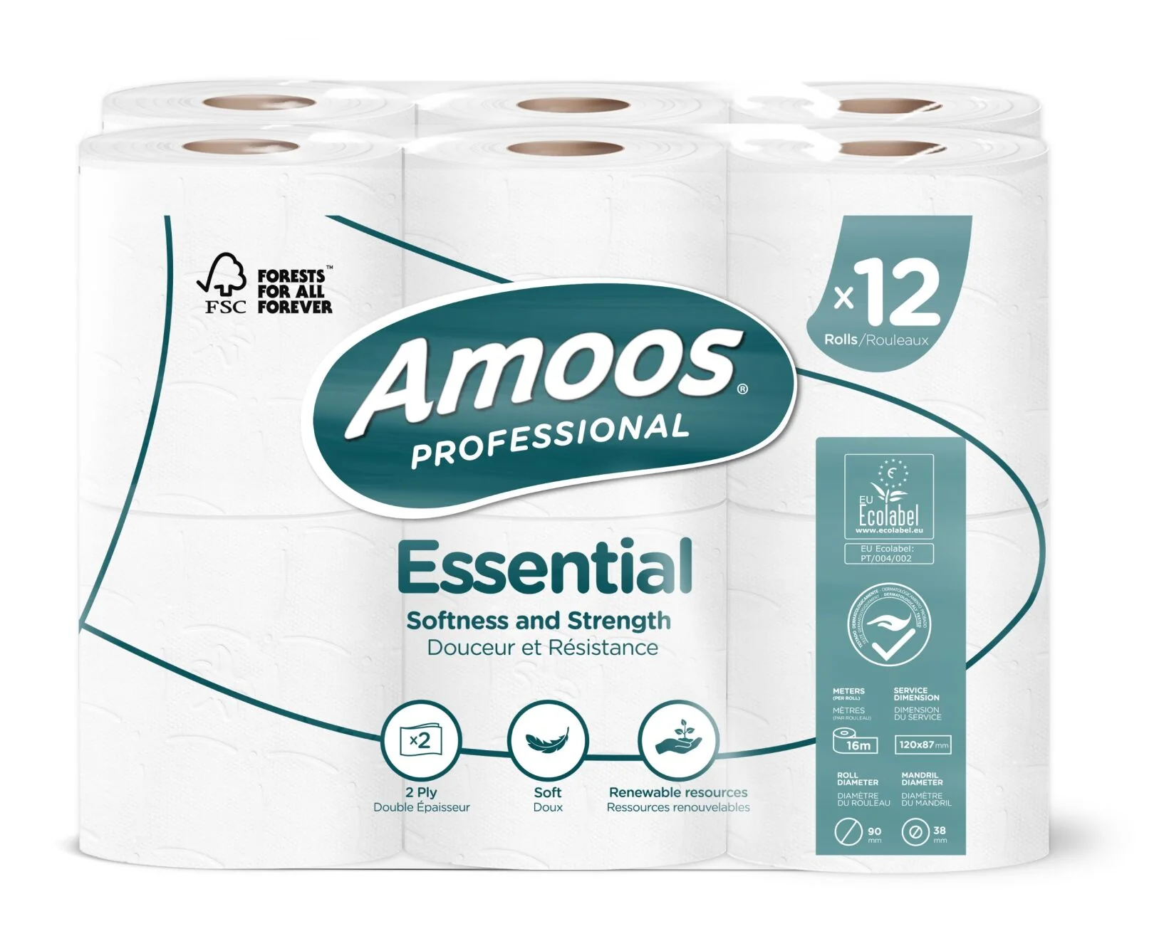 PAPEL HIGIÉNICO FOLHA DUPLA 108 ROLOS (09X12) AMOOS PROF ESSENTIAL 16M