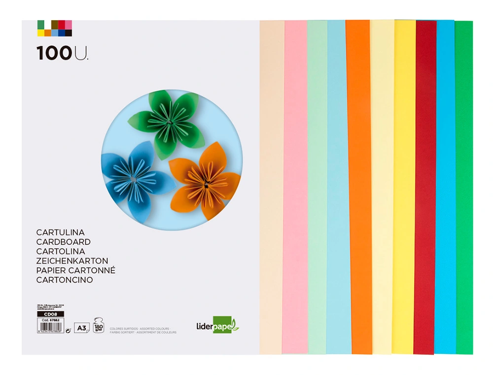 CARTOLINA DIN A3 180GR 10 CORES SORTIDAS PACK DE 100 UNIDADES 2
