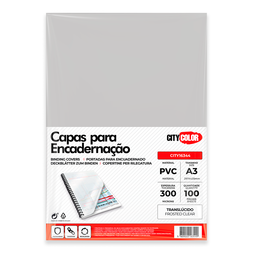 CAPA ENCADERNAR A3 300µ PACK C/100 TRANSLÚCIDO FROSTED CITY16344