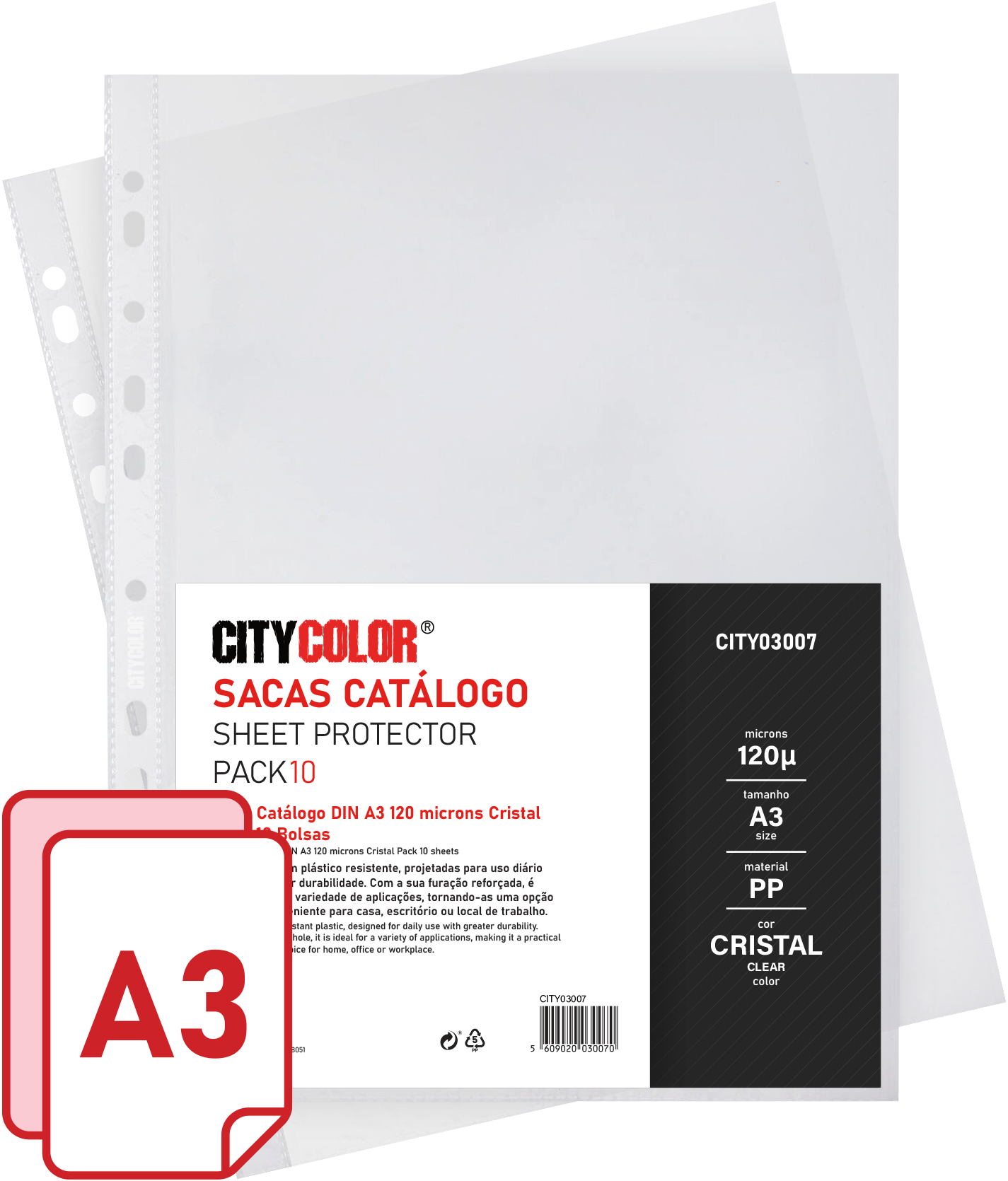 SACA CATÁLOGO A3 PP 120µ CITYCOLOR PACK10 TRANSPARENTE CRISTAL CLEAR 0