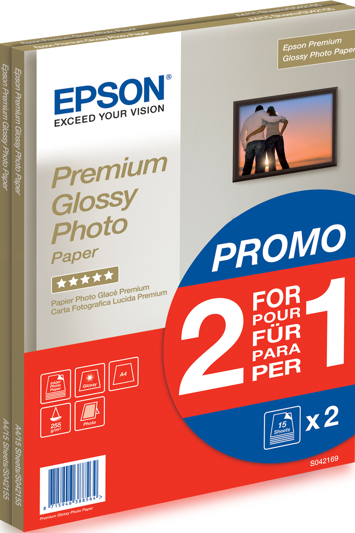 PAPEL FOTO EPSON A4 PREMIUM GLOSSY 255GR PACK C/15 FOLHAS PROMO 2X1 = S042155