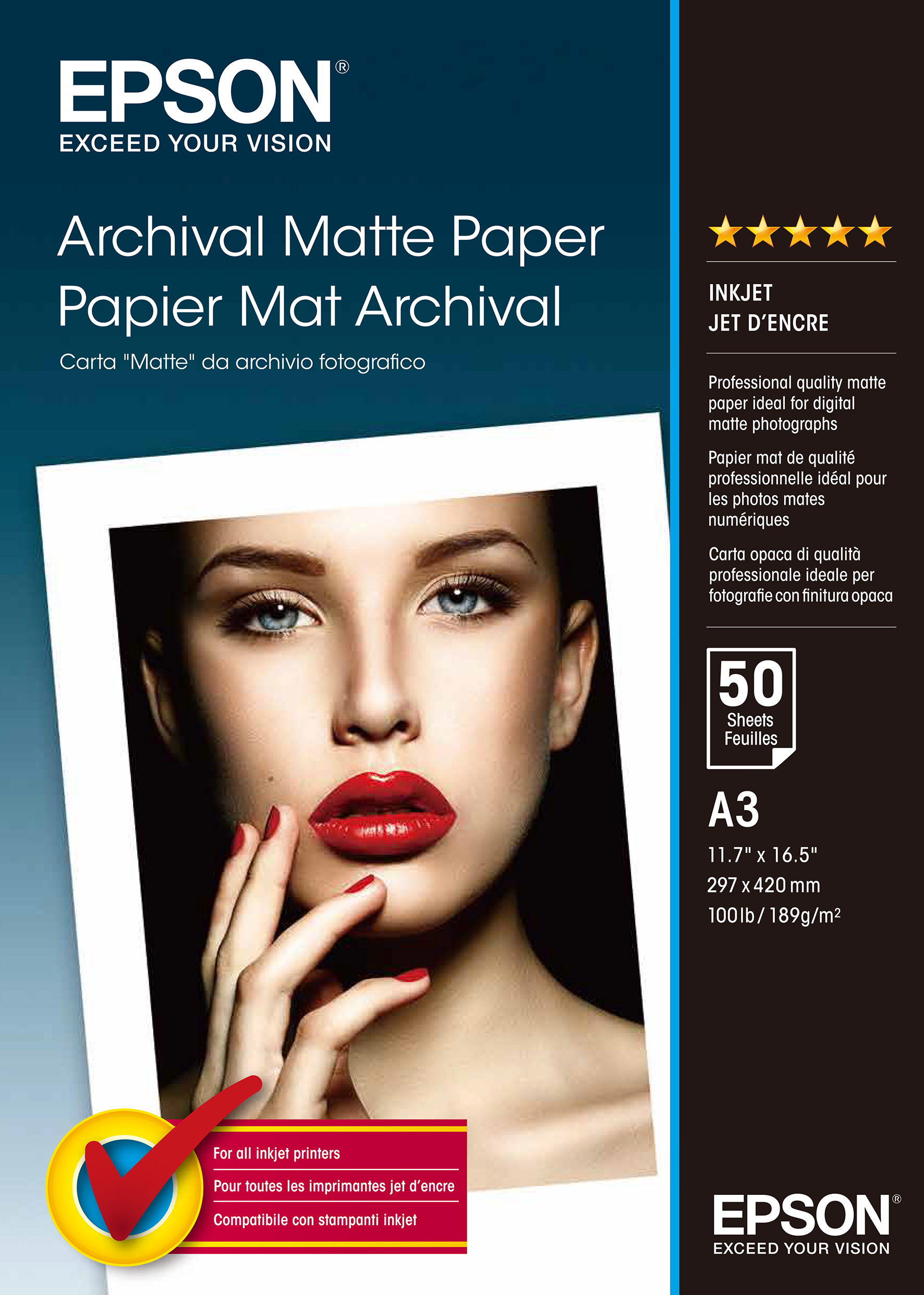 PAPEL FOTO EPSON A3 189G ARCHIVAL MATTE PAPER LONGA DURAÇÃO PACK C/50 FOLHAS