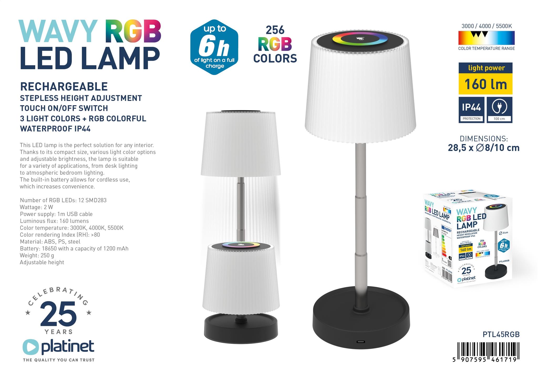 CANDEEIRO MESA LED 02W 160LM RGB BATERIA PRETO MODERN DESIGN PTL45RGB/46171 0