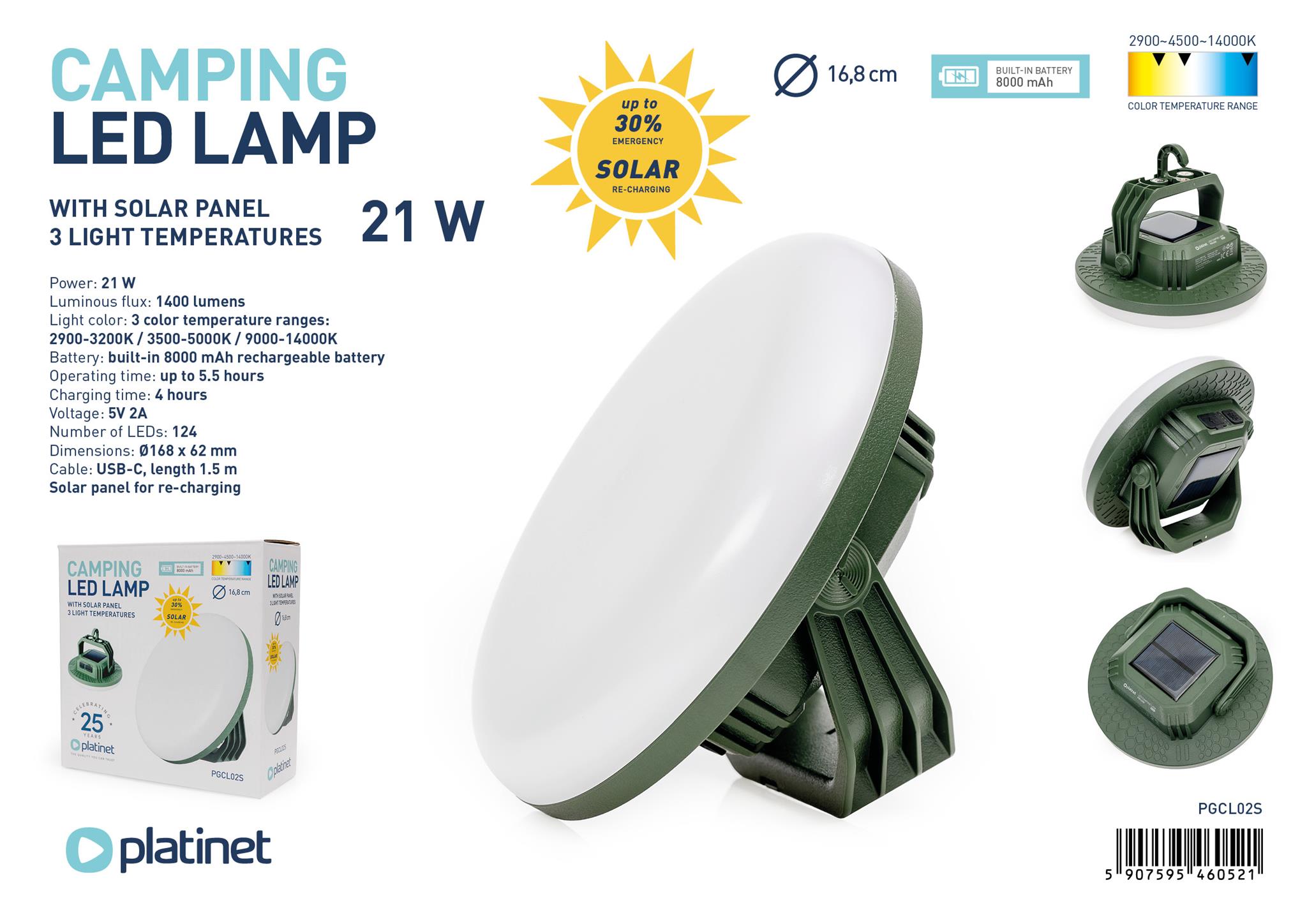 LAMPADA CAMPISMO/MULTIUSOS LED USB-C/SOLAR 4X2000 MAH 5,5H 21W PGCL02S/46052 4