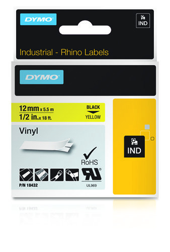 FITA DYMO 18432 RHINO VINYL 12MM ID1-12 PRETO/AMARELO