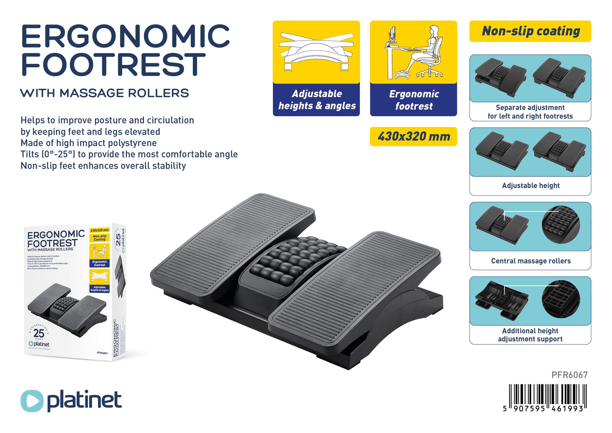 APOIO PARA PÉS ERGONÓMICO 425X325X100MM 2 NÍVEIS AJUSTAMENTO PRETO PFR6067 46199 3