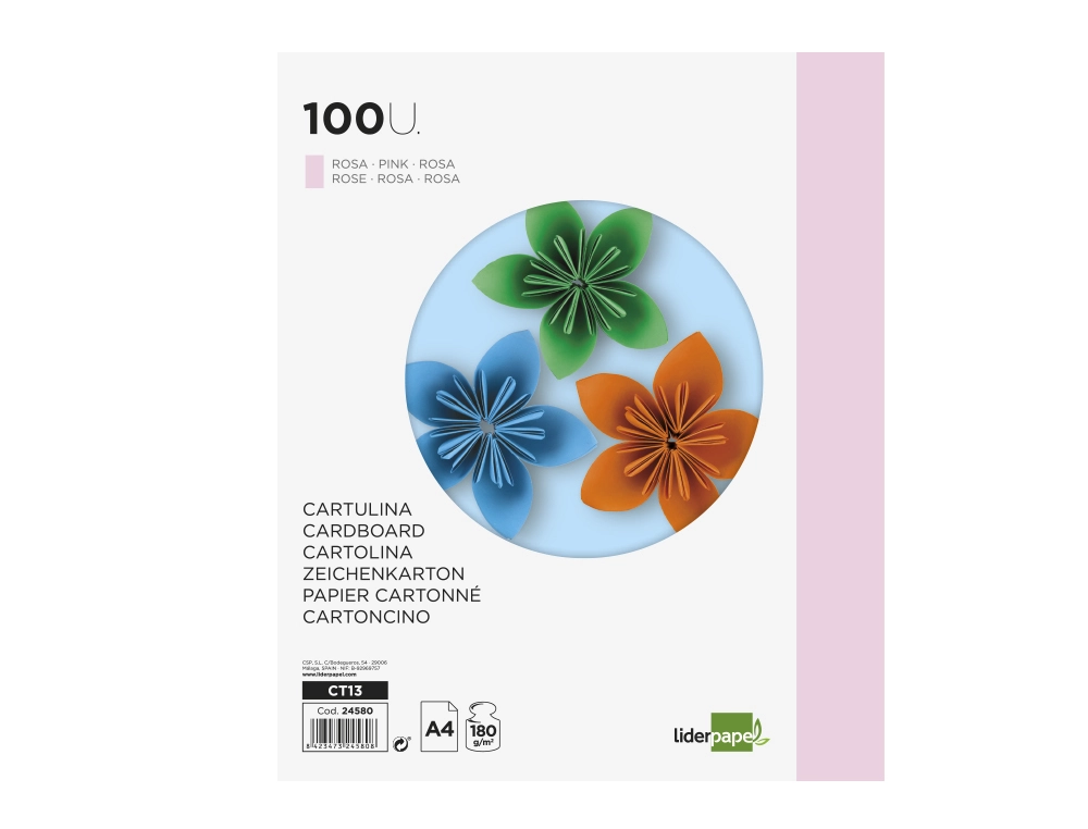 CARTOLINA 180GR A4 LIDER PACK C/100FOLHAS ROSA 1