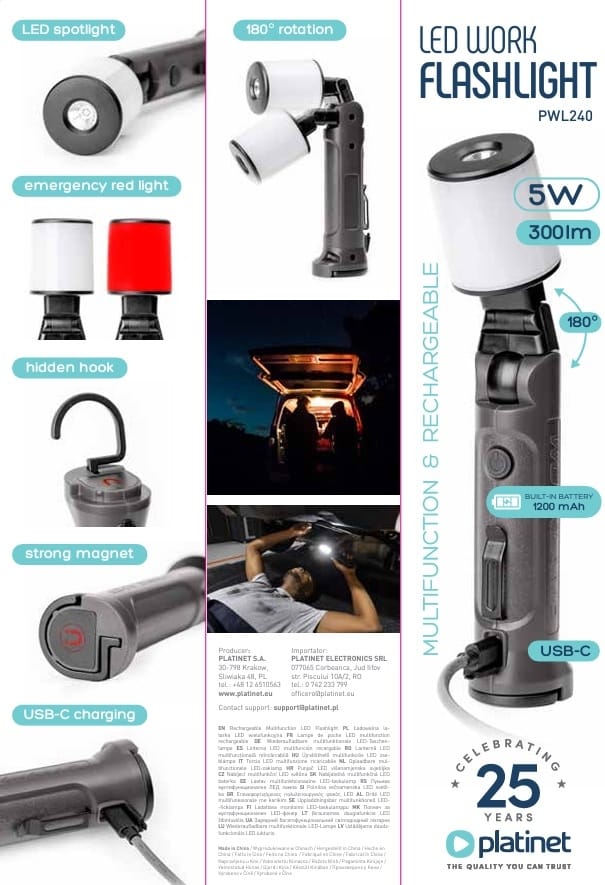 LANTERNA TRABALHO LED 05W 6000K 300LM RECARREGÁVEL MAGNETICA PWL240/46174 1