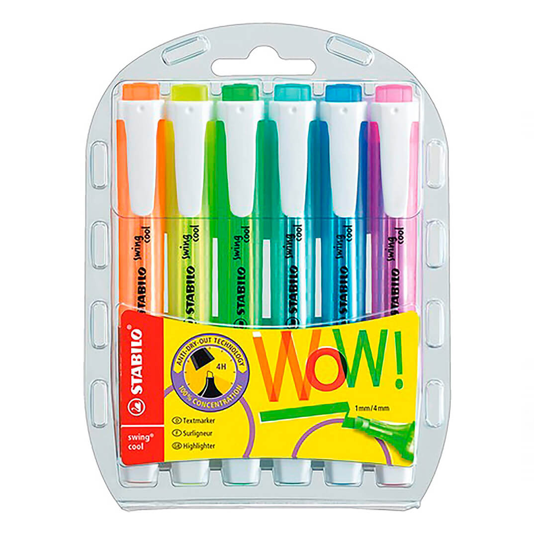MARCADOR FLUOR STABILO SWING COOL PACK C/6 CORES SORTIDAS