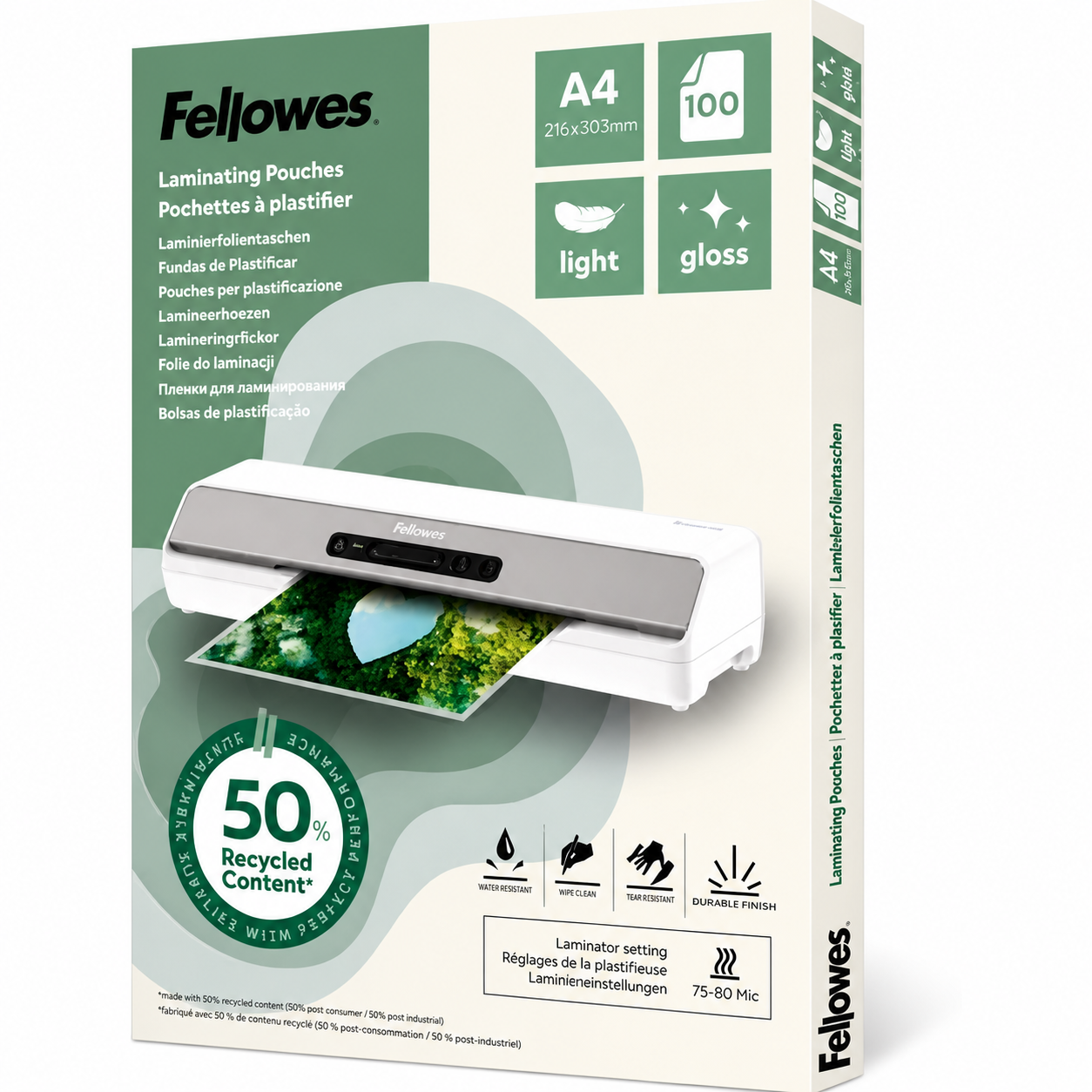 BOLSA PLASTIFICAR 75-80µ CX100 216X303MM A4 FELLOWES 142987