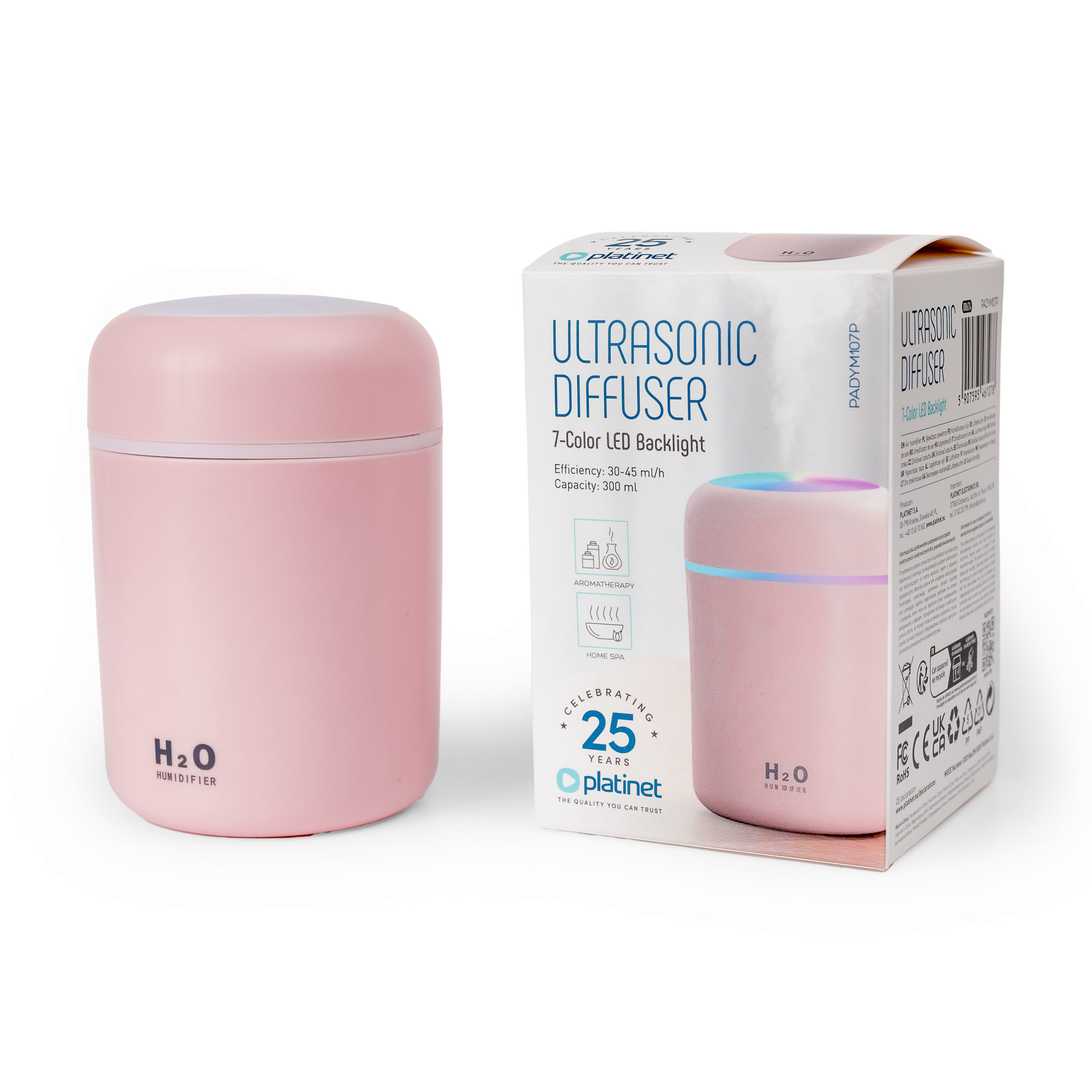 DIFUSOR AROMA HUMIDIFICADOR 300ML ROSA PADYM107P 46107 0