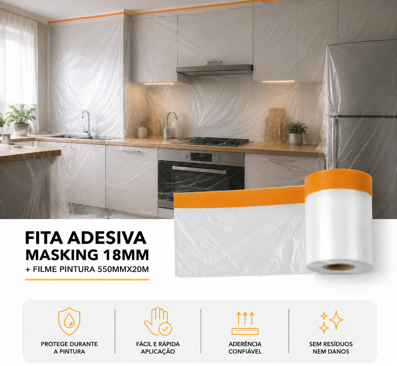 FITA ADESIVA MASKING 18MM + FILME PINTURA 550MMX20M CITY15140 2
