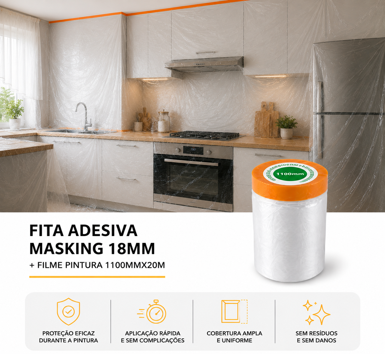 FITA ADESIVA MASKING 18MM + FILME PINTURA 1100MMX20M CITY15142 2